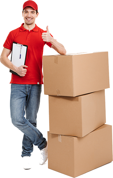 Mover in Red and Blue Uniform Standing with boxes